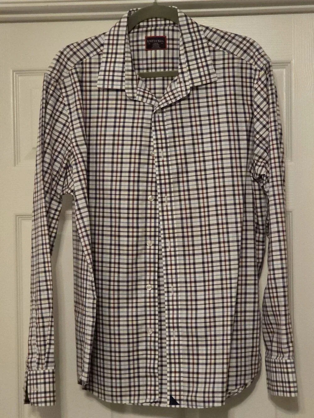 UNTUCKit Men's White Plaid Shirt with Navy and Burgundy Checks